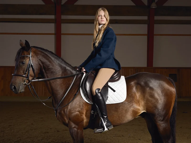 Rytter i korrekt holdning skoler en brun hest i ridehal